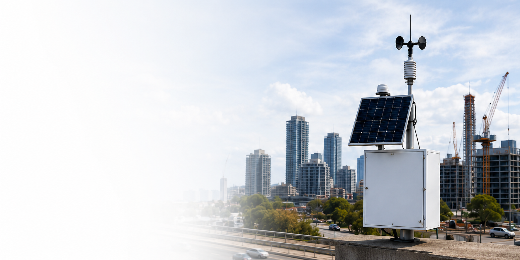 A solar-powered OmniSense environmental monitoring station — mast-mounted solar panel, anemometer and weatherproof instrument enclosure — overlooking a city skyline with active construction cranes.